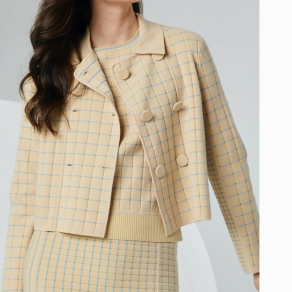 Carlisle Cream and Light Blue Checked Cropped Jacket